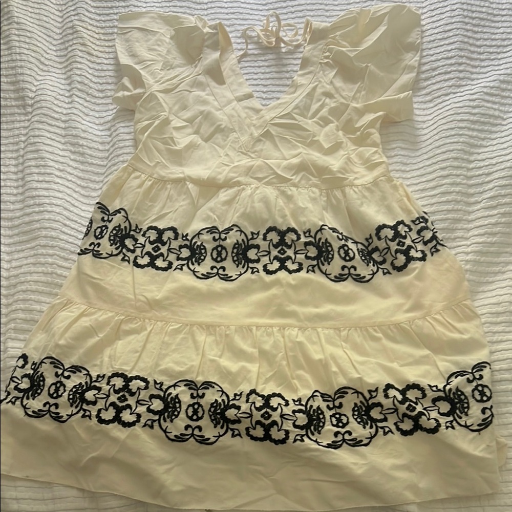 Cream Dress with Black Floral Embroidery